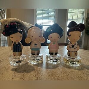 4 Harajuku Lovers Perfume Bottles With Toppers Gwen Stefani  .03 FL oz EUC